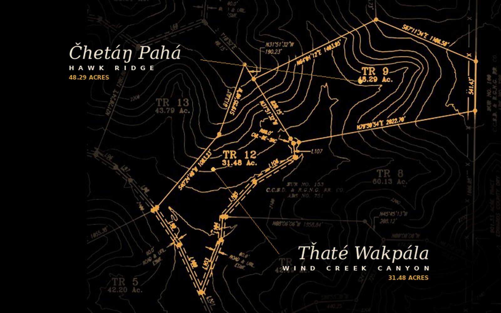 Survey map — Čhetáŋ Pahá (Hawk Ridge, 48.29 ac) and Tȟaté Wakpála (Wind Creek Canyon, 31.48 ac)